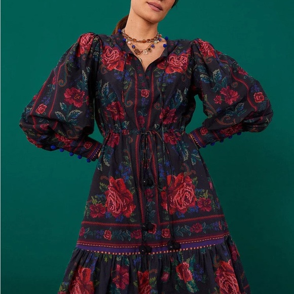 FARM RIOBLACK FLOWER TAPESTRY MINI DRESS size Medium
